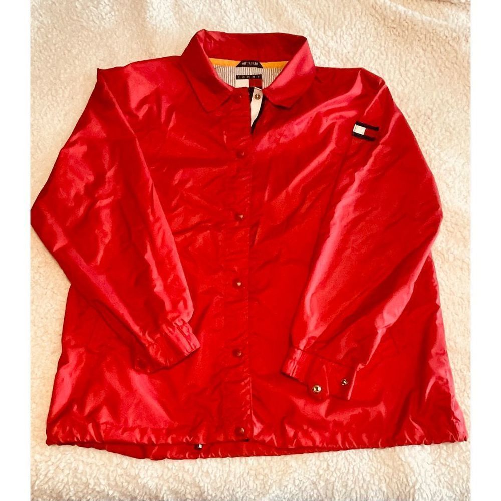 Vintage Tommy Hilfiger Red Windbreaker Snap Collared Unlined XL Arm Logo